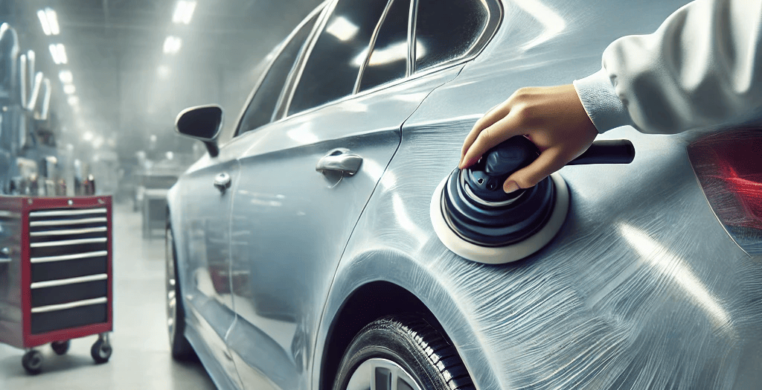 DALL·E 2024-12-05 22.27.00 - A realistic image of a car detailing workshop showcasing a car undergoing scratch removal. The cars surface is being meticulously polished to remove